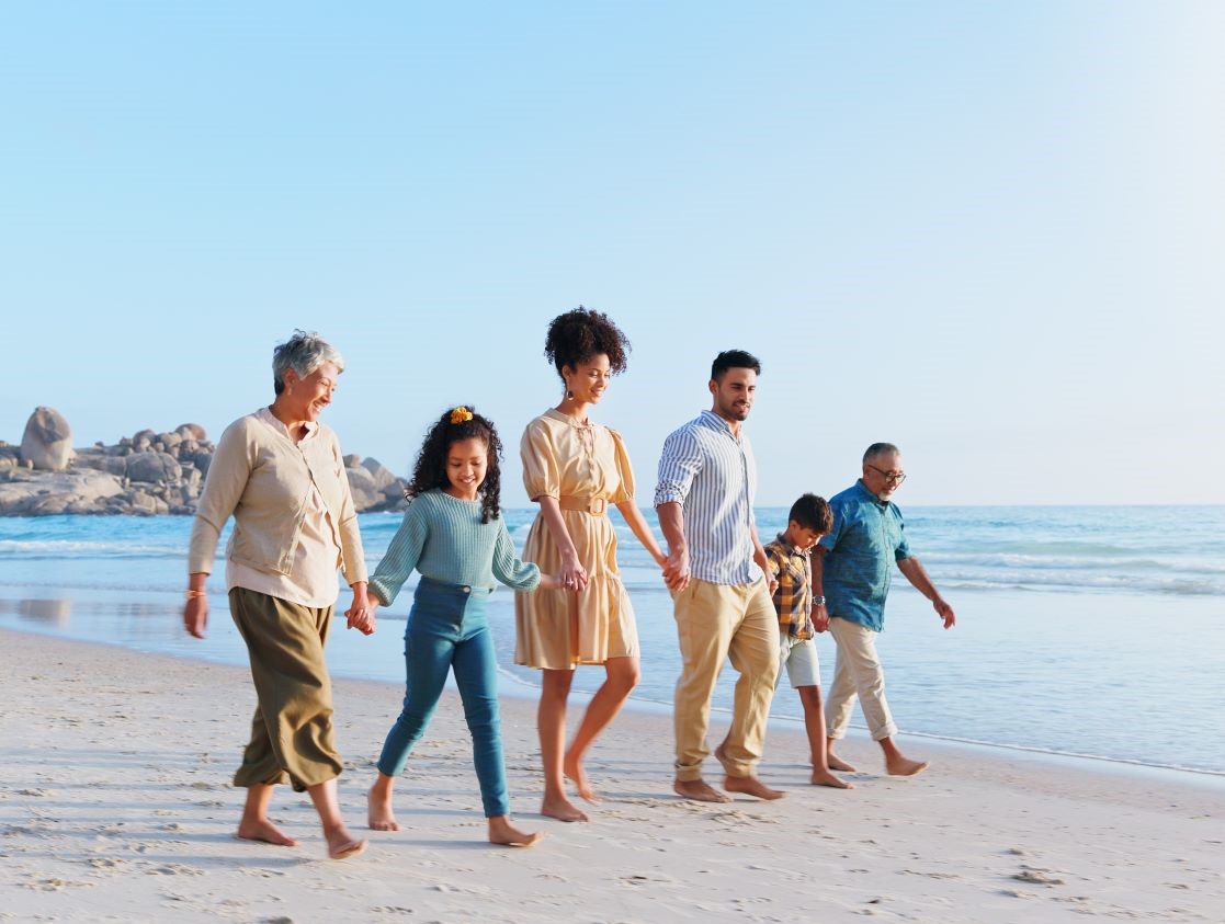 Family walking down the beach